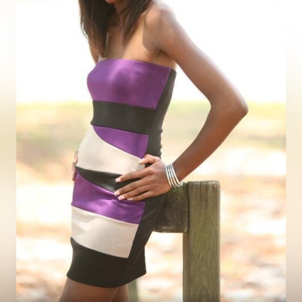 Love Culture Strapless Dress Color Blocked Purple, Black, and Tan Size S